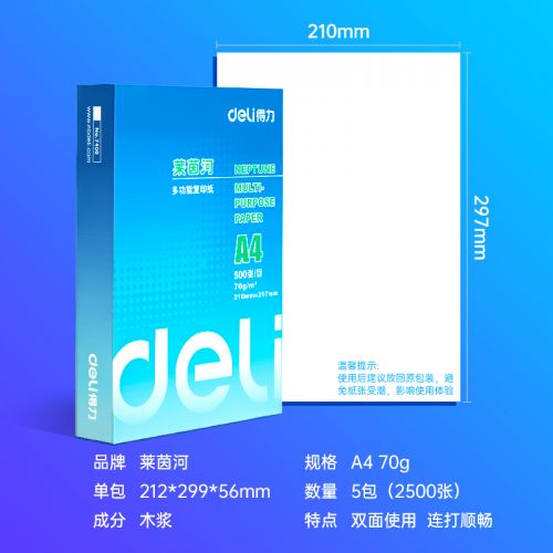 得力(deli)萊茵河A4打印紙 70g克500張*5包一箱 口碑優(yōu)選復(fù)印紙 雙面草稿紙 整箱2500張 7401