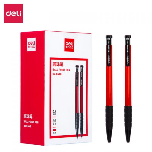 得力(deli)0.7mm紅色按動圓珠筆中油筆 軟膠握手原子筆36支/盒YZB-6546