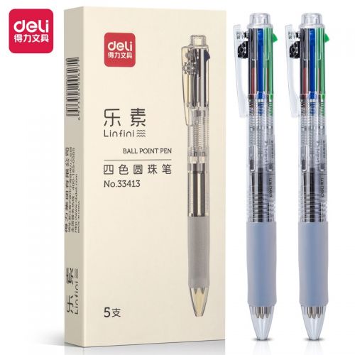 得力(deli)多功能4色圓珠筆 0.7mm子彈頭按動筆原子筆中油筆 (黑紅藍綠) 5支/盒DL-33413