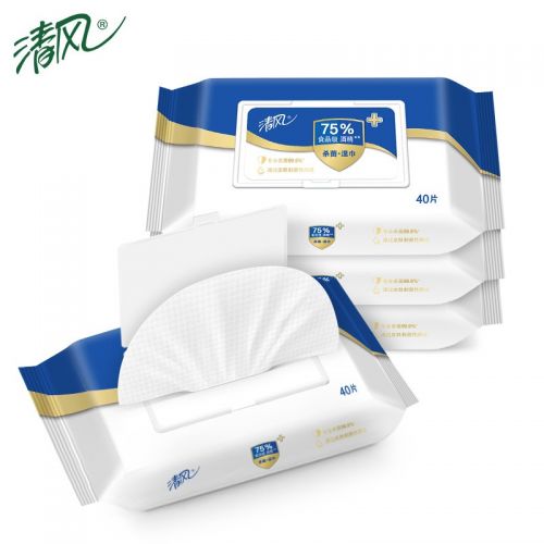 清風(fēng) 含75%食品級(jí)酒精濕巾抽取式殺菌濕紙巾單包40片共4包160片家庭裝
