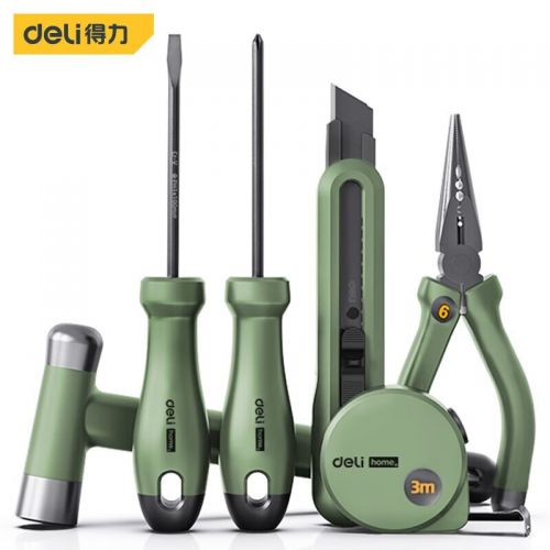 得力（deli）國民家居home系列家用手電動(dòng)工具組套應(yīng)急維修多功能套裝 常規(guī)6件套【復(fù)古綠】